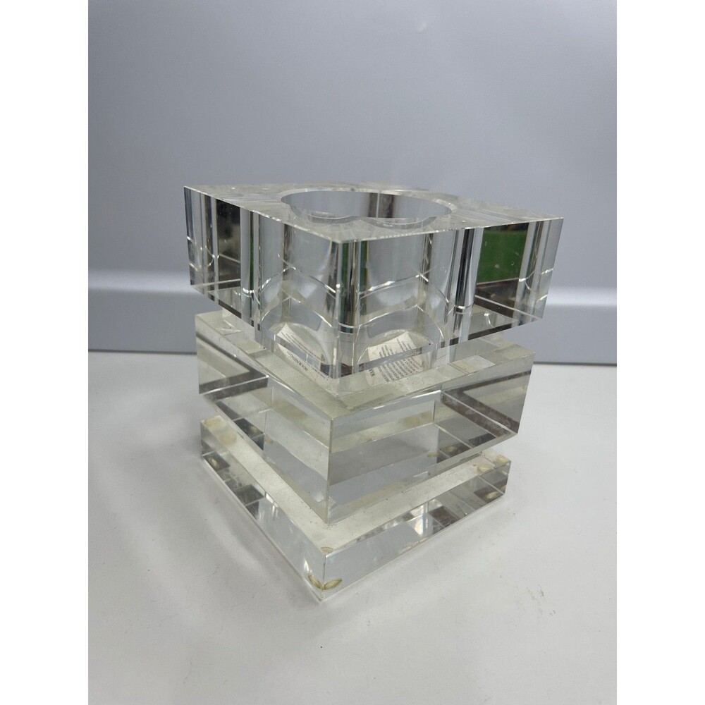 heavy mcm style WILLIAMS-SONOMA CLEAR CRYSTAL BLOCK square CANDLE HOLDER